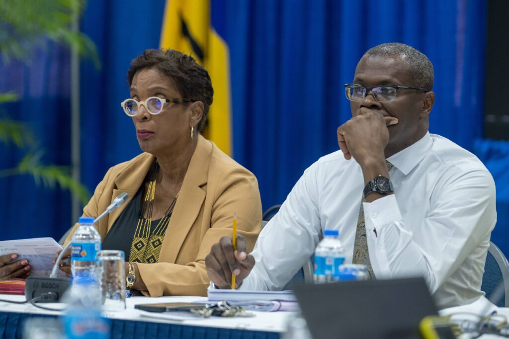 Two officials seated at a conference table during a meeting, including a man in a white shirt speaking while gesturing and a woman beside him, with microphones and water bottles on the table.